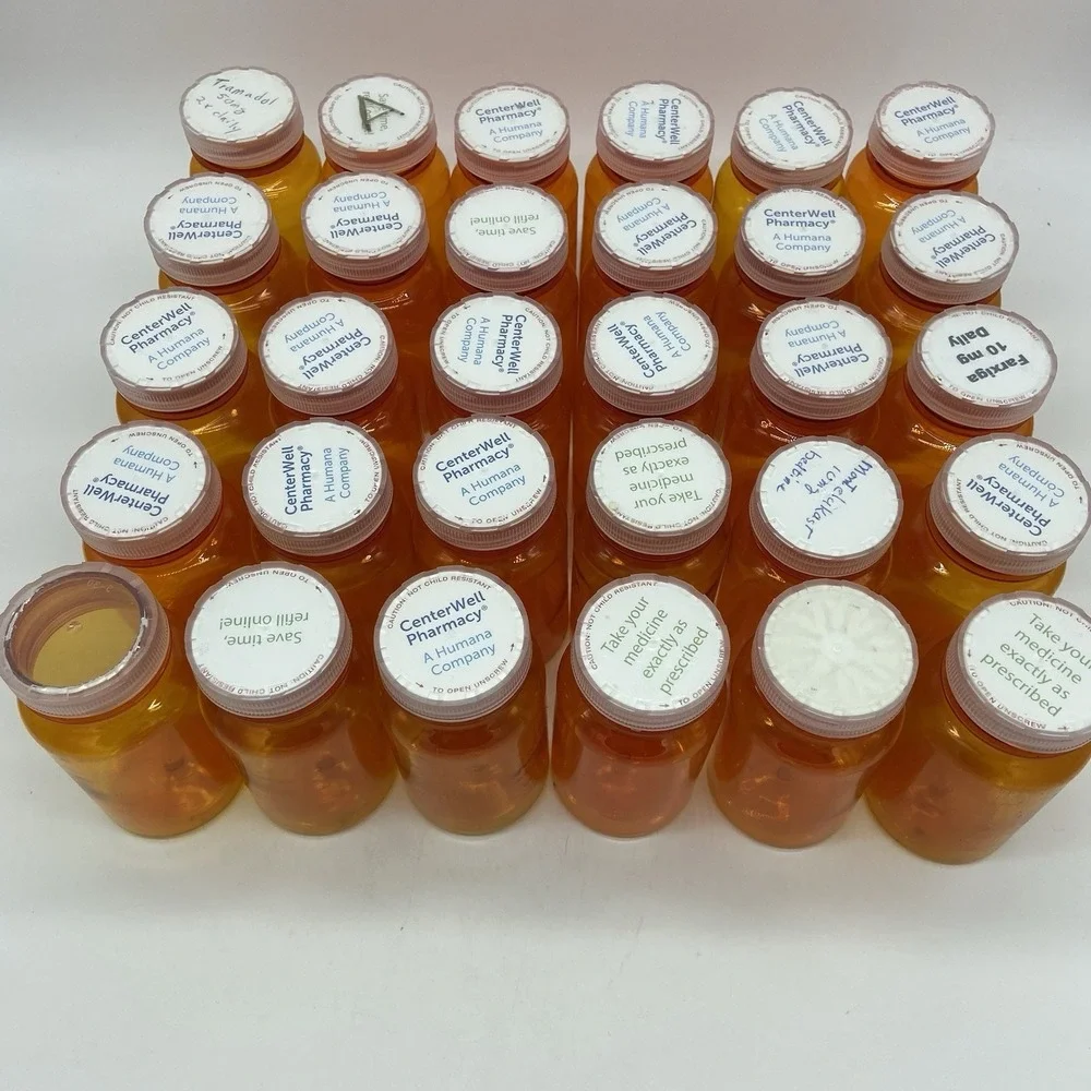 18 RX Pill Bottles Lot of Craft Storage Empty Plastic Medicine Amber Assort Size